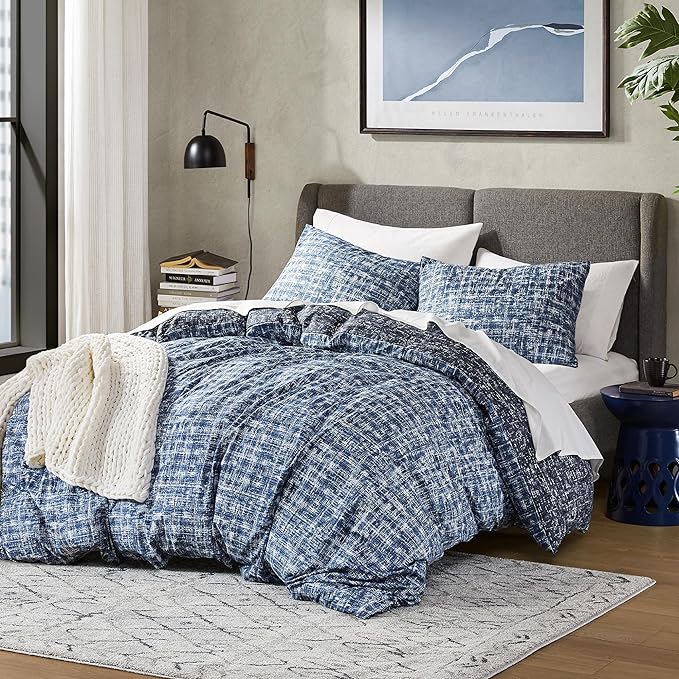 Hyde Lane Twin/Twin XL Kids Comforter Set, Blue Modern Farmhouse Aesthetic Bedding, Teen Boys Plaid Lines Pattern Bed Sets for All Season, 2 Pieces includes 1 Comforter, 1 Sham (66"x 90") - LeafyLoom