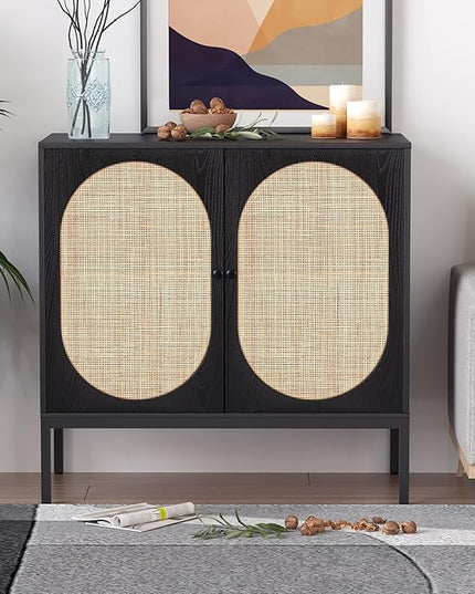 XIAO WEI Buffet Sideboard with Handmade Natural Rattan Woven Doors, Buffet Cabinet Accent Cabinet Rattan Cabinet, Sideboard Cabinet, for Kitchen Living Room Living Room Entryway, Black,Oval Doors - LeafyLoom