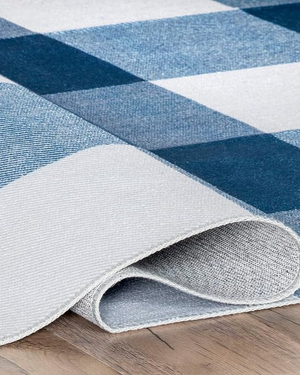 nuLOOM Lucy Machine Washable Farmhouse Buffalo Plaid Ultra Thin Area Rug, 8x10, Blue - LeafyLoom