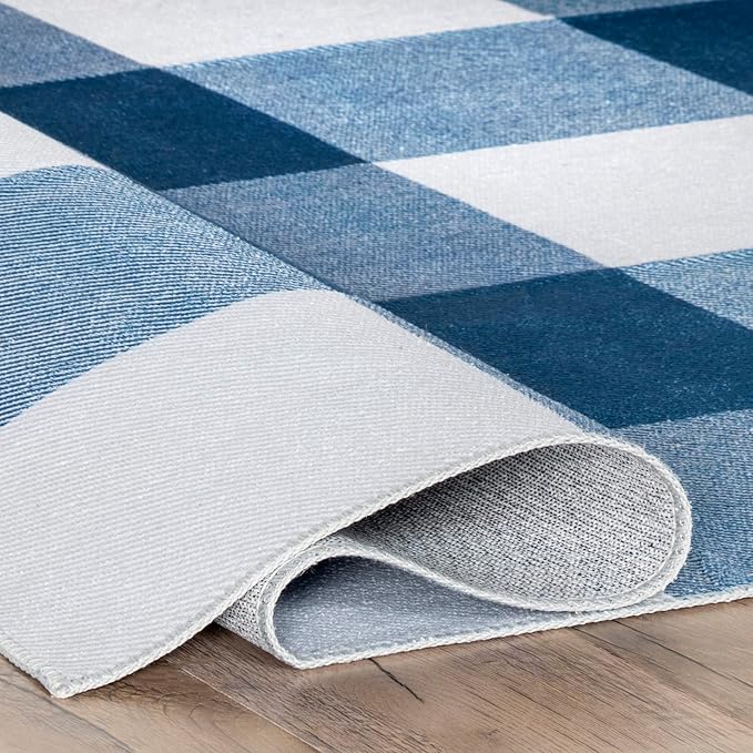 nuLOOM Lucy Machine Washable Farmhouse Buffalo Plaid Ultra Thin Area Rug, 8x10, Blue - LeafyLoom