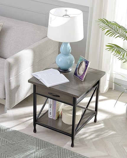 Leick Home 23007 Chisel & Forge One Drawer X Design Mixed Metal and Wood Side Table with Shelf, Smoke Gray and Matte Black, 22 in x 24 in x 24 in - LeafyLoom