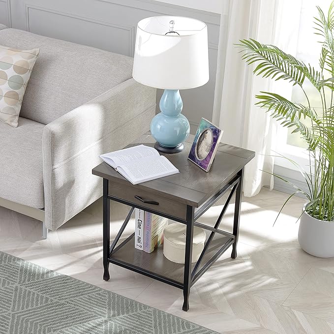 Leick Home 23007 Chisel & Forge One Drawer X Design Mixed Metal and Wood Side Table with Shelf, Smoke Gray and Matte Black, 22 in x 24 in x 24 in - LeafyLoom