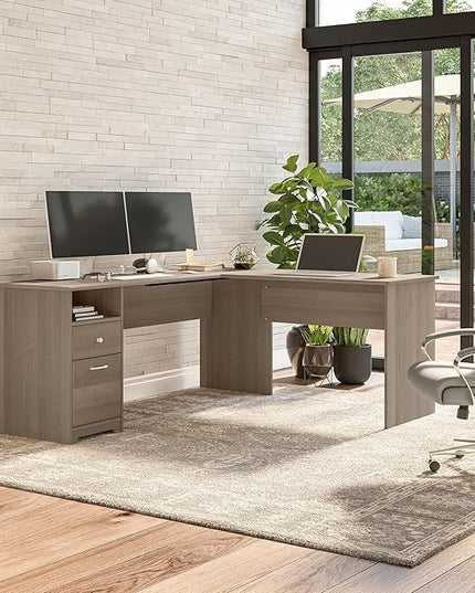 Bush Furniture Cabot 72W L Shaped Computer Desk with Drawers, Ash Gray - LeafyLoom