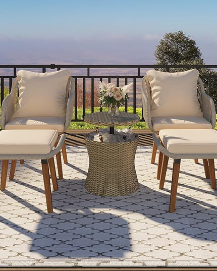 5-Pieces Outdoor Furniture Bistro Set with Wicker Cool Bar Table, Rope Weaving Patio Chairs and Ottomans for Porch Backyard Balcony Poolside, Onesize, Brown - LeafyLoom
