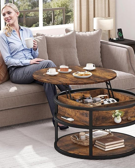 DWVO Round Coffee Tables for Living Room,Lift Top Coffee Table with Storage, Farmhouse Wood Coffee Table,Circle Coffee Tables Living Room for Home Office,Rustic Brown - LeafyLoom