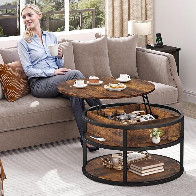 DWVO Round Coffee Tables for Living Room,Lift Top Coffee Table with Storage, Farmhouse Wood Coffee Table,Circle Coffee Tables Living Room for Home Office,Rustic Brown - LeafyLoom