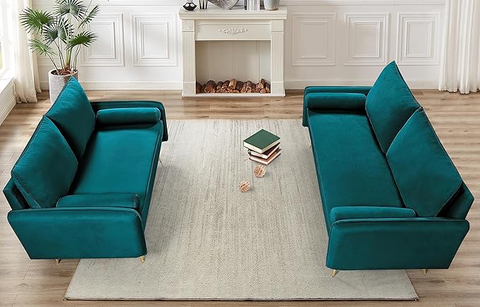 Kent Modern Sofa, European Style Velvet Living Room Furniture with Tapered Legs, Vintage Flair, and Sleek Design, Greenish Blue - LeafyLoom