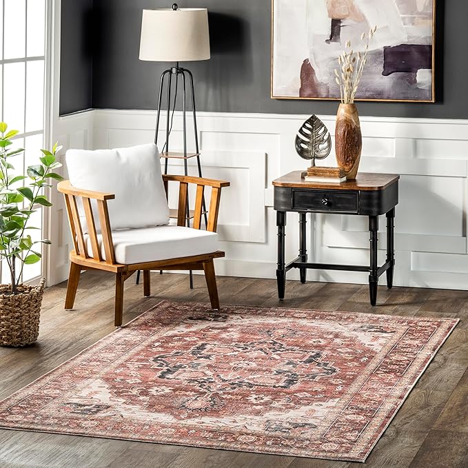 nuLOOM Emmy Faded Persian Machine Washable Ultra Thin Area Rug, 5' x 8', Red - LeafyLoom