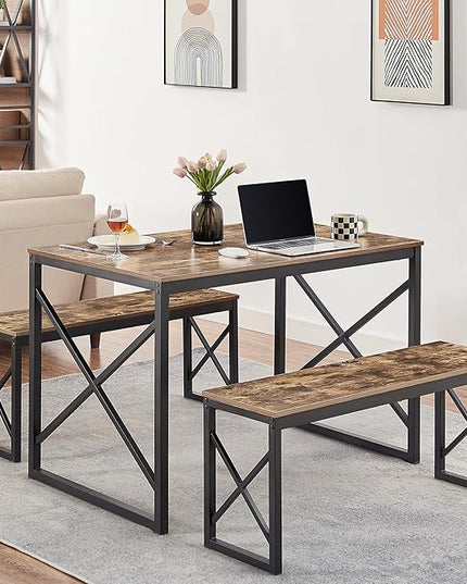 VECELO Kitchen Table with 2 Benches for 4, Wood Dining Room Dinette Sets with Metal Frame for Breakfast Nook and Small Space, 43.3", Brown - LeafyLoom