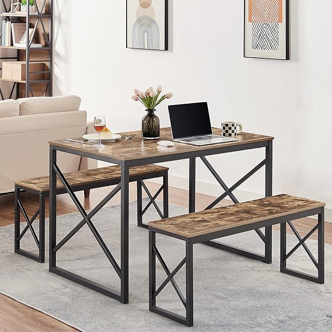 VECELO Kitchen Table with 2 Benches for 4, Wood Dining Room Dinette Sets with Metal Frame for Breakfast Nook and Small Space, 43.3", Brown - LeafyLoom