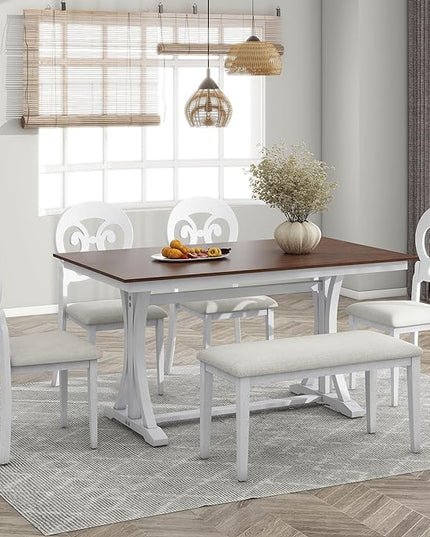 6-Piece Mid-Century Dining Set for 6, Trestle Table and 4 Elegant Victorian Round Back Chairs & Bench, for Kitchen Living Room, Cherry+Antique White, 59.8" L x 35.8" W x 30" H - LeafyLoom