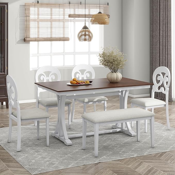 6-Piece Mid-Century Dining Set for 6, Trestle Table and 4 Elegant Victorian Round Back Chairs & Bench, for Kitchen Living Room, Cherry+Antique White, 59.8" L x 35.8" W x 30" H - LeafyLoom