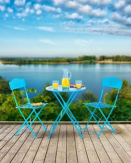 Alpine Corporation Indoor/Outdoor 3-Piece Bistro Set Folding Table and Chairs Patio Seating, Blue - LeafyLoom