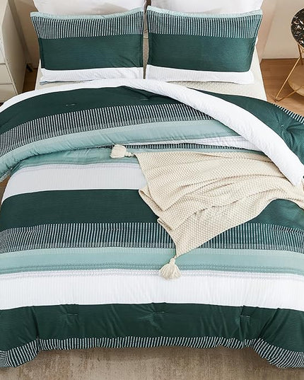 Litanika Dark Emerald Green California King Comforter Set - 3 Pieces Cal King Oversized Lightweight Summer Colorblock Stripe Bedding Set (104x96In, 2 Pillowcases) - LeafyLoom