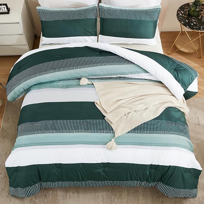 Litanika Dark Emerald Green California King Comforter Set - 3 Pieces Cal King Oversized Lightweight Summer Colorblock Stripe Bedding Set (104x96In, 2 Pillowcases) - LeafyLoom
