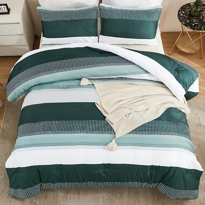 Litanika Dark Emerald Green Bed Comforter Twin/Twin XL Set, 2 Pieces Twin Extra Long Size Boys Men Forest Bedding Set, Single Colorblock Striped Bed Set - LeafyLoom