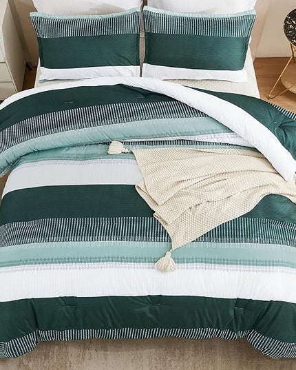 Litanika Dark Emerald Green King Bed Comforter Set, 3 Pieces Bedding Set, Colorblock Stripe Vintage Bed Set (104x90In Comforter & 2 Pillowcases) - LeafyLoom