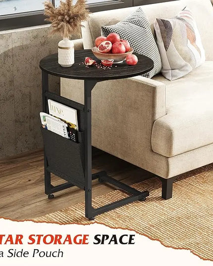 WLIVE Coffee Table and End Table Set, 31.3" Center Table and 18.7" Small Round Coffee Table with Side Pouch, Wood Nesting Coffee Table for Living Room, Bedroom, Charcoal Black - LeafyLoom