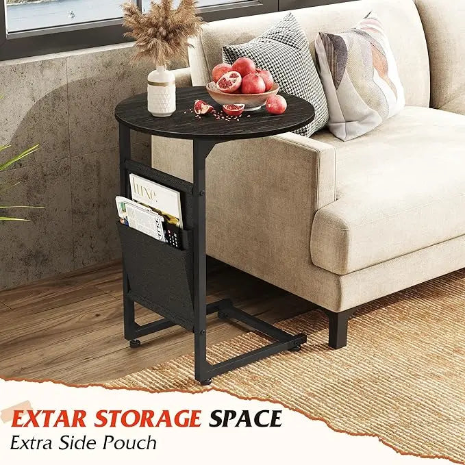 WLIVE Coffee Table and End Table Set, 31.3" Center Table and 18.7" Small Round Coffee Table with Side Pouch, Wood Nesting Coffee Table for Living Room, Bedroom, Charcoal Black - LeafyLoom