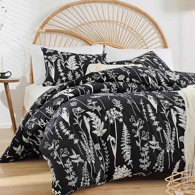 JANZAA Queen,3 PCS Floral Comforter Set with Comforter, Black, Soft Microfiber Bedding Set with 2 Pillow Cases - LeafyLoom