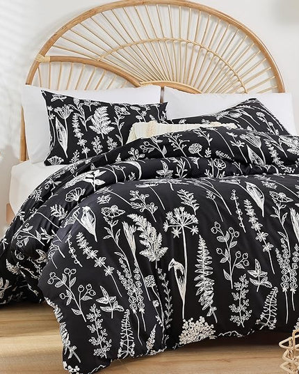 JANZAA Twin Black comforter set 2 PCS(1 Twin Comforter&1 Pillowcase) Plant Floral -Soft Microfiber Twin Bedding Sets for All Season - LeafyLoom