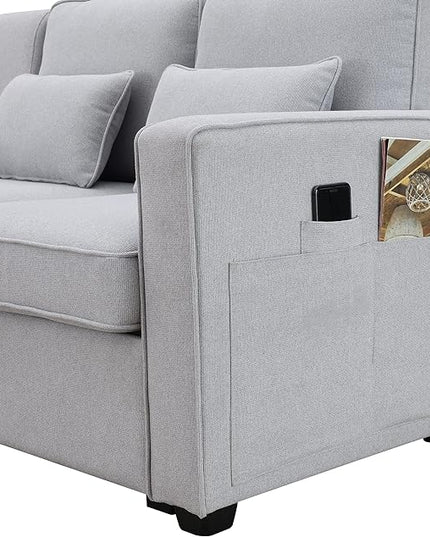 114.2" Linen Upholstered Sofa with Consoleand 2 USB Ports Wired or Wirelessly Charged,Modern 4-Seat Couches W/ 4 Pillows and Two Cupholders,for Living Room,Apartment, Gray, Light Grey - LeafyLoom