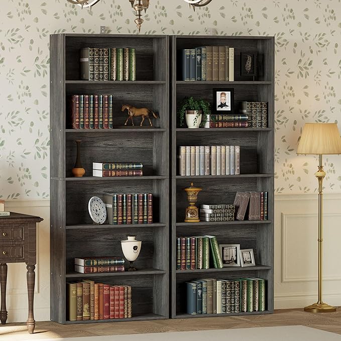 IRONCK Bookshelves and Bookcases Set of 2 Floor Standing 6 Tier Display Storage Shelves 70in Tall Bookcase Home Decor Furniture for Home Office, Living Room, Bed Room - LeafyLoom
