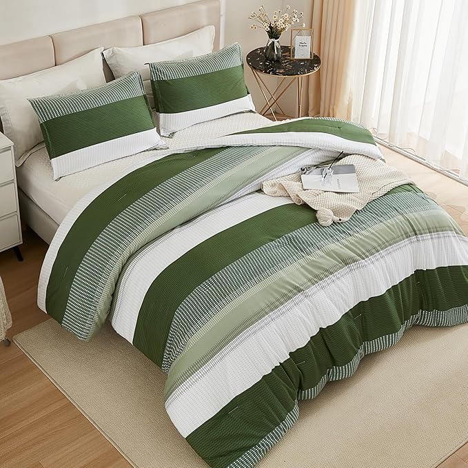Litanika Olive Green Comforter Set Queen - 3 Pieces Lightweight Olive Green White Colorblock Stripe Fluffy Bedding Comforter Sets, All Season Bed Set - LeafyLoom