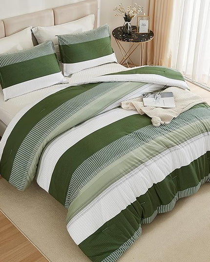 Litanika Olive Green Comforter Set Full - 3 Pieces Lightweight Olive Green White Colorblock Stripe Fluffy Bedding Comforter Sets, All Season Bed Set - LeafyLoom