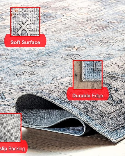 nuLOOM Eva Machine Washable Vintage Faded Medallion Ultra Thin Area Rug, 5' x 8', Blue - LeafyLoom