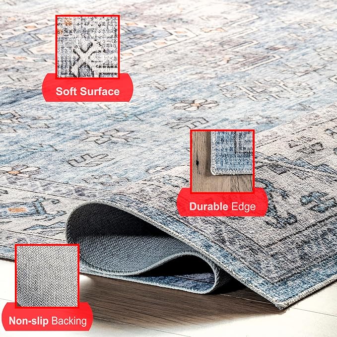 nuLOOM Eva Machine Washable Vintage Faded Medallion Ultra Thin Area Rug, 5' x 8', Blue - LeafyLoom