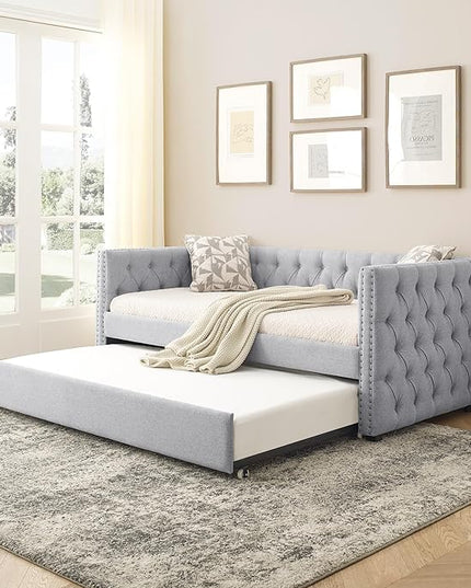 Linen Upholstered Twin Size Daybed with Twin Trundle, Wooden Sofa Bed Frame w/Button Tufted and Copper Nail on Square Arms, for Bedroom, Guest Room, No Spring Box Need, Grey - LeafyLoom