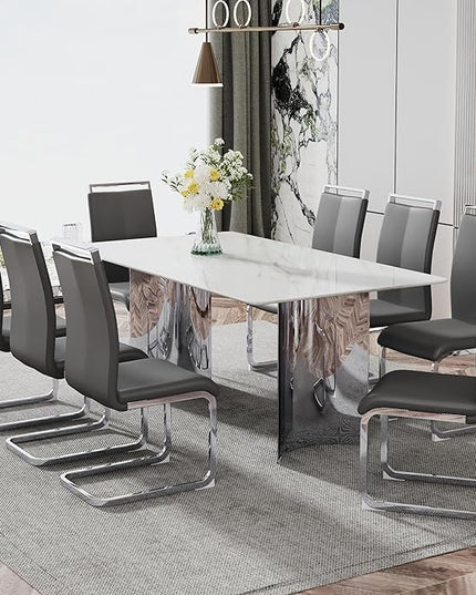 NicBex Modern Minimalist Dining Table White Imitation Marble Glass Desktop is Equipped with Silver Metal Legs Suitable for Restaurants and Living Rooms, White + Silver - LeafyLoom