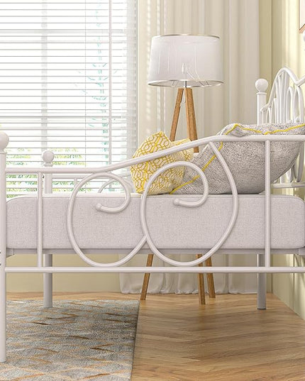VECELO Twin Daybed Frame, Metal Day Bed with Classic Headboard, Multifunctional Platform Beds for Bedroom, Living Room, Guest Room, No Boxing Spring Needed, White - LeafyLoom