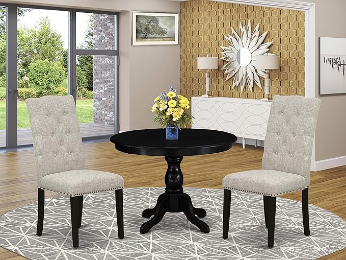 East West Furniture HBEL3-ABK-35 Hartland 3 Piece Kitchen Set Contains a Round Dining Table with Pedestal and 2 Doeskin Linen Fabric Upholstered Chairs, 42x42 Inch - LeafyLoom