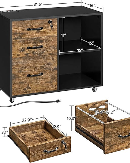 Yaheetech Filing Cabinet with Charging Station, Lateral File Cabinets Printer Stand with 3 Drawers, for Home and Office Black/Rustic Brown - LeafyLoom
