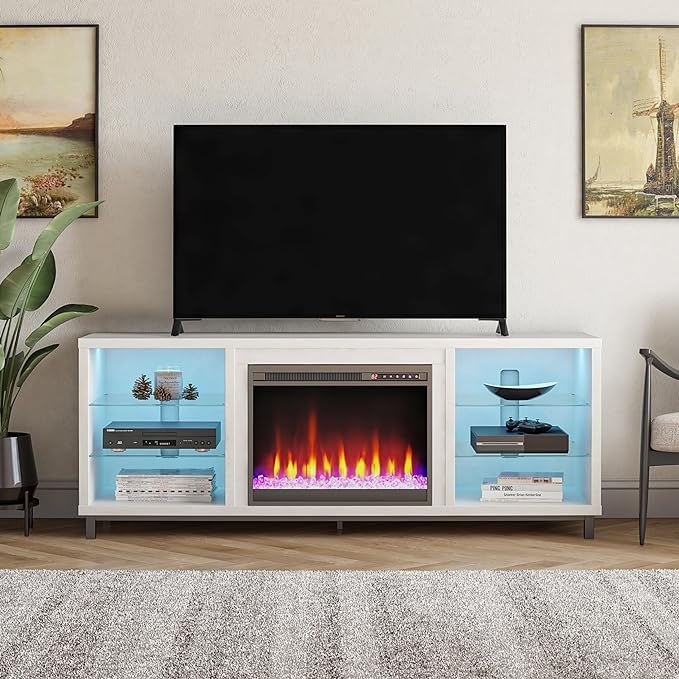 Ameriwood Home Lumina Fireplace TV Stand, Deluxe 70", White - LeafyLoom