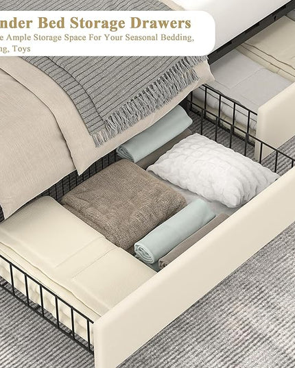 VECELO Queen Size Upholstered Platform Bed Frame with 4 Storage Drawers, Adjustable Velvet Rivets Headboard, Wooden Slats Support, No Box Spring Needed, Easy Assembly - LeafyLoom