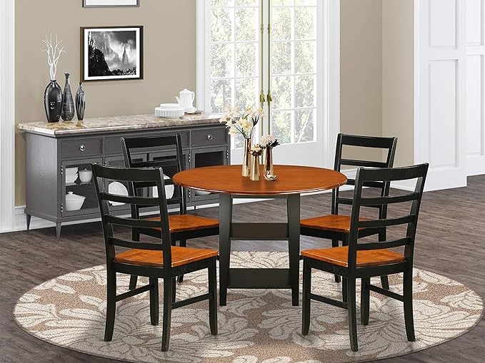 East West Furniture SUPF5-BCH-W 5 Piece Set Includes a Round Dining Table with Dropleaf & Shelves and 4 Kitchen Chairs, 42x42 Inch - LeafyLoom