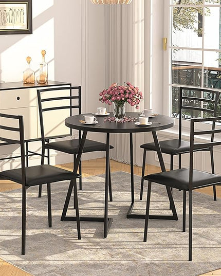 VECELO Round Dining Table with Steel Frame for 2-4 People, Space Saving for Home, Kitchen, Apartment, Black - LeafyLoom