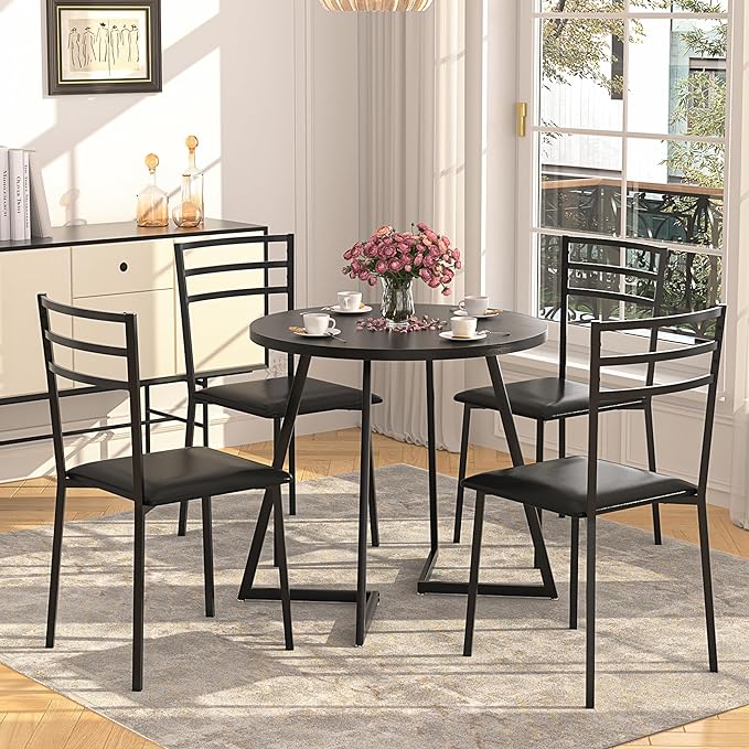 VECELO Round Dining Table with Steel Frame for 2-4 People, Space Saving for Home, Kitchen, Apartment, Black - LeafyLoom