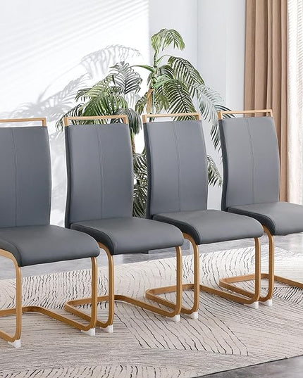 Dining Chairs Set of 4,High Back Grey Kitchen Chairs,Faux Leather Side Chair with Woodgrain Coloured Metal Legs,Easy to Clean Modern Upholstered Dining Chairs,Ideal for Living Room - LeafyLoom