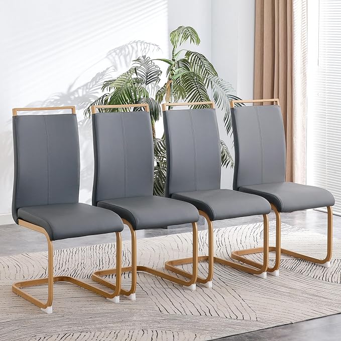 Dining Chairs Set of 4,High Back Grey Kitchen Chairs,Faux Leather Side Chair with Woodgrain Coloured Metal Legs,Easy to Clean Modern Upholstered Dining Chairs,Ideal for Living Room - LeafyLoom