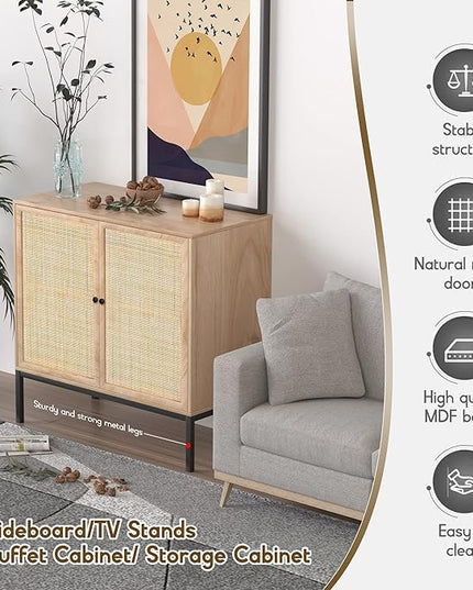 XIAO WEI Sideboard with Handmade Natural Rattan Doors, Rattan Cabinet Console Table Storage Cabinet Buffet Cabinet, for Kitchen, Living Room, Hallway, Entryway, Natural - LeafyLoom