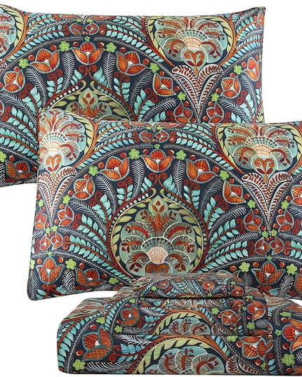 QSH Boho Sheets King Size - 100% Egyptian Cotton Bohemian Patterned Sheets Printed Bedding King Size Bed Sheets 17.5" Extra Deep Pocket 4pcs - LeafyLoom