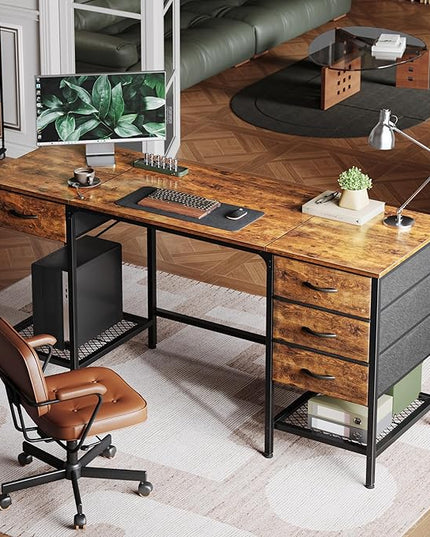 63 Inch Computer Desk with 4 Drawers, Office Desk with Mesh Shelf, Gaming Desk, Large Storage, Writing Desk Work Desk for Home Office, Study, Bedroom, Work from Home, Rustic Brown - LeafyLoom