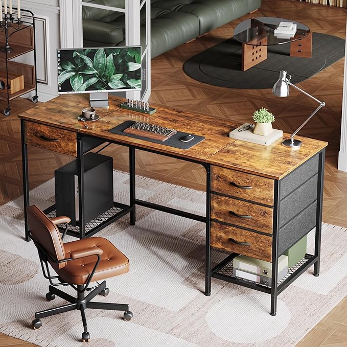 63 Inch Computer Desk with 4 Drawers, Office Desk with Mesh Shelf, Gaming Desk, Large Storage, Writing Desk Work Desk for Home Office, Study, Bedroom, Work from Home, Rustic Brown - LeafyLoom