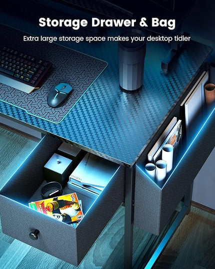 L Shaped Gaming Desk, 63 Inch Computer Desk with Adjustable Stand & RGB Lights, Corner Desk for Power Outlet, Carbon Fiber Texture, Gaming Room - LeafyLoom