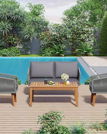 4-Piece, Outdoor Furniture with Loveseat, 2 Chairs and Table, Patio Conversation Set Deep Seating with Thick Backyard Porch Balcony, Zh-Dark Grey Cushion + Grey Rope - LeafyLoom