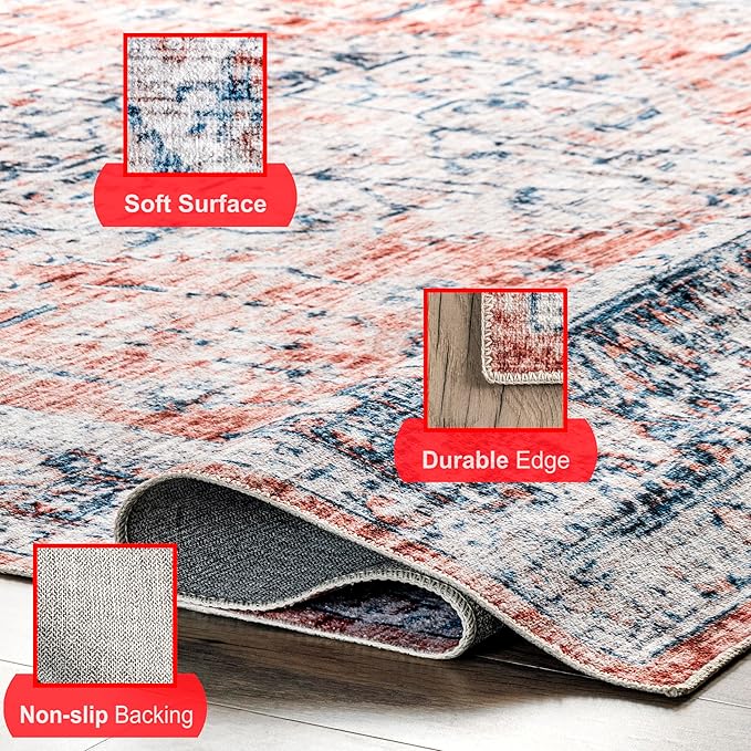 nuLOOM Rina Faded Persian Machine Washable Ultra Thin Area Rug, 5' x 8', Rust - LeafyLoom
